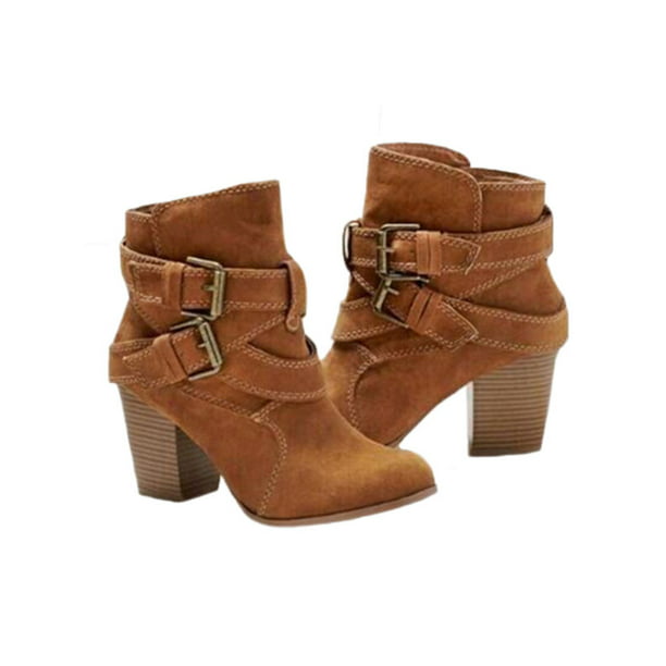 Womens Fold Over Faux Fur Short Boots Round Toe Pull On Chunky Low Heels Ankle Booties with Buckle Strap 